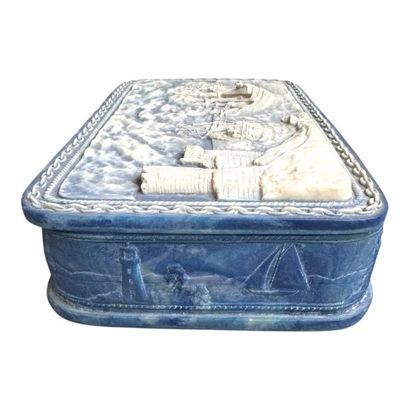 Vintage Incolay Stone Nautical Keepsake Box Castle Maritime Scene Pirate Storage - Picture 8 of 13